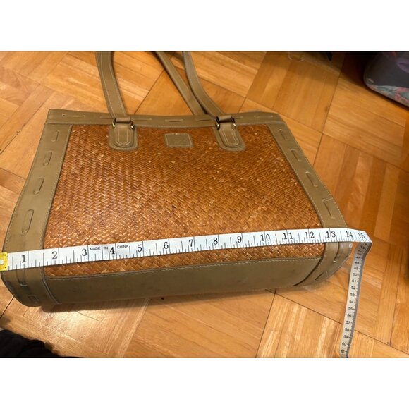 Anne Klein Woven Straw & Leather Tote Bag Dual Handles Tan Beige Elegant Design - Picture 10 of 12